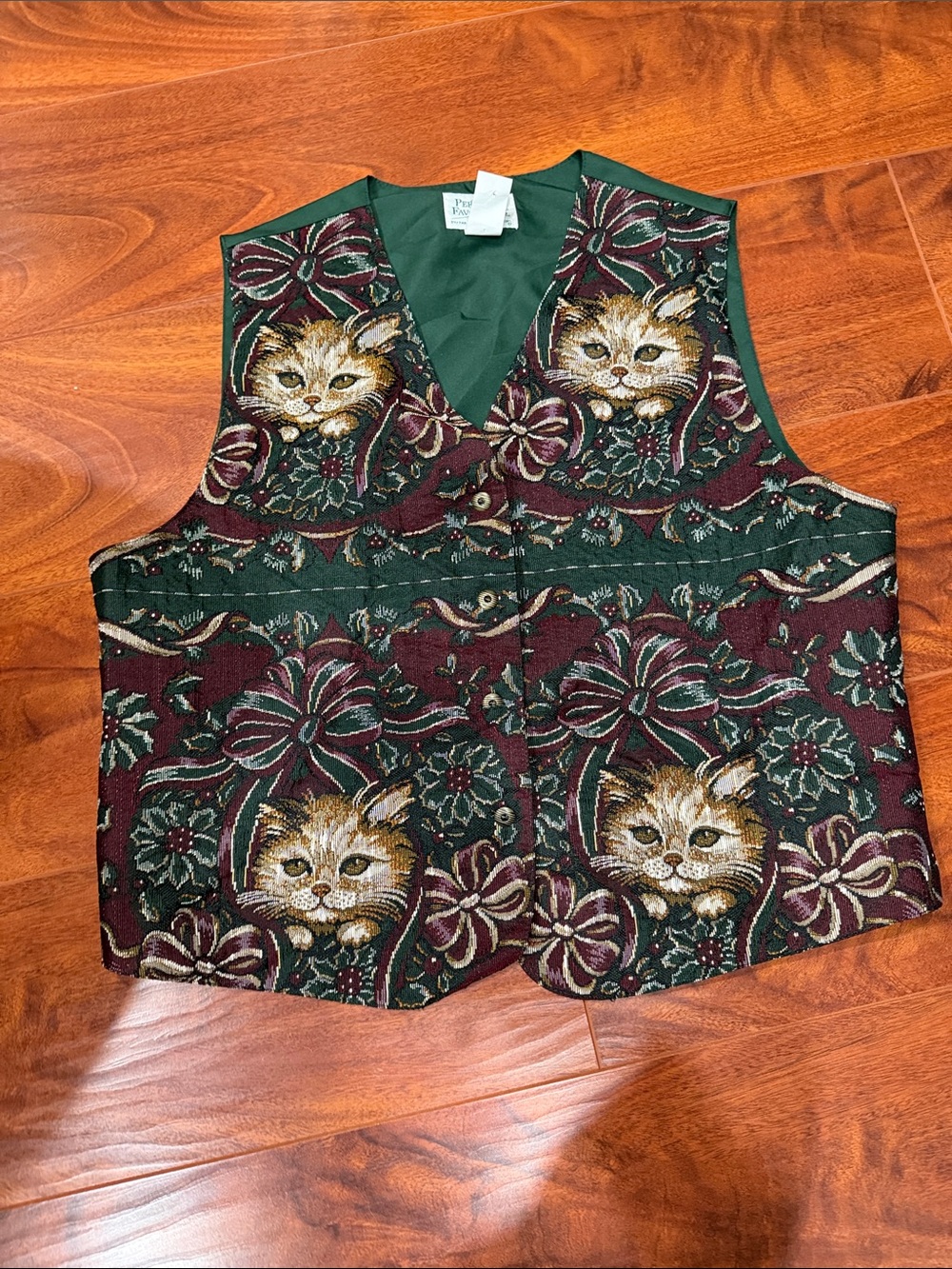 Unbranded Women's Cat Tapestry Vest in Dark Green and Burgundy